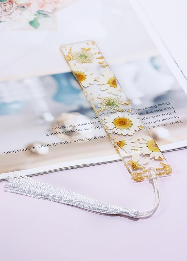 Penta Angel Dried Flower Resin Bookmarks Handmade Clear Pressed Floral Page Markers with Silky Tassel Reading Gift for Women Adults Graduation Valentine’s Day Christmas (White & Yellow)