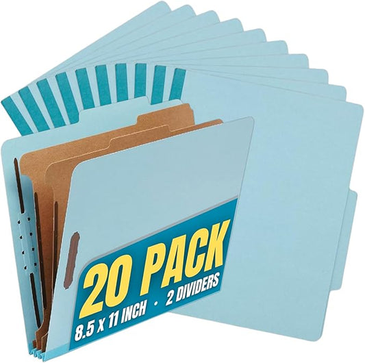 1InTheOffice Classification Folders, 2 Divider Classification Folders, File Folders with Dividers, 2.5" Expansion, Letter Size, Light Blue, 20 Pcs