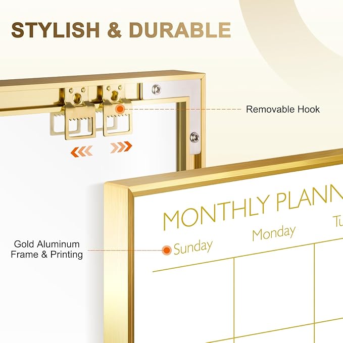 Dry Erase Calendar Whiteboard for Wall, 24'' x 18'' Monthly White Board Planner with Gold Frame, Magnetic Hanging Wipe Board for Home Office School Dorm