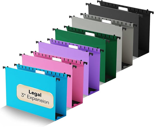 Plastic Hanging File Folders Legal Size,Heavy Duty 3" Expanding Filing Cabniet Folder with Tabs,12 Pack Extra Capacity Hang Folder for File Frame/File Box,Colored Sturdy Hanging File Organizer