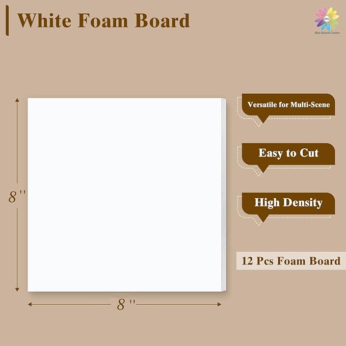Mat Board Center, 12 Pack 8x8 White Foam Boards, Acid Free Foam Core Board, 1/8 inch Thick
