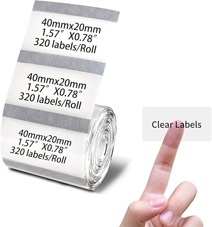 PUQU 40x20mm Transparent Direct Thermal Sticker Labels, Label Printer Self-Adhesive All-Purpose Rectangular Label Maker Tape, Refills Standard Laminated Office Labeling, 1 Roll of 320 Labels
