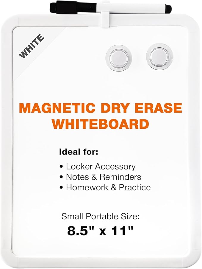 Magnetic Dry Erase Board for School Locker, 8.5" x 11", White-Framed with Marker and 2 Magnets - Small Whiteboard for School, Home, Office, Travel