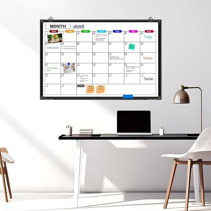 Dry Erase Calendar Whiteboard for Wall 36" x 24", Magnetic Monthly White Board Calendar Dry Erase with Tray, Black Aluminum Frame Bulletin Board for Office Home and School