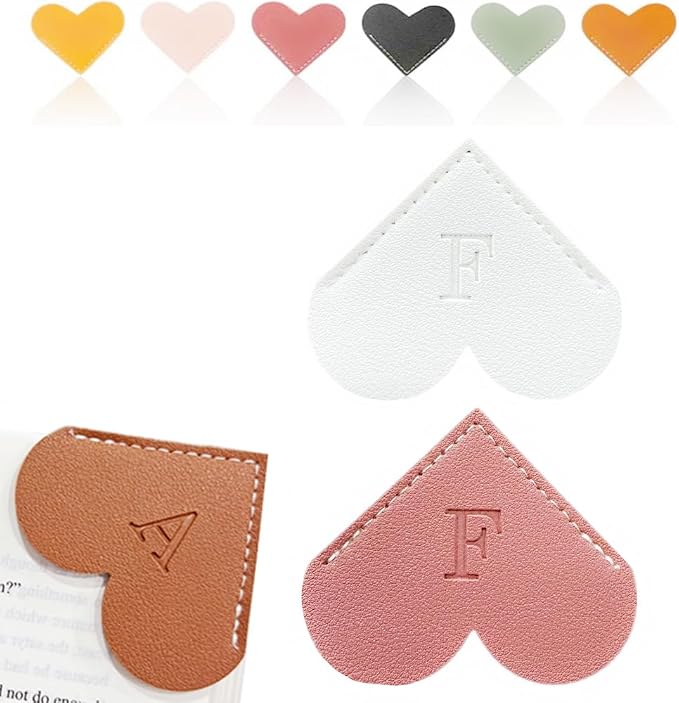 Personalized Leather Heart Bookmark, 26 Letters Customized Corner Book Mark for Reading Women, Book Marker with Initials，Cute Gifts (White+Deep Pink, F)