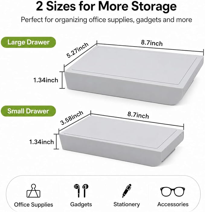 Desk Drawer Attachment, 2 Pack Pencil Organizer, Hidden Desk Organizer, Under Desk Organizer Adhesive, Pen Holder, Desk Accessories & Workspace Organizers, Pen Drawers, Drawer Tray Storage Desktop