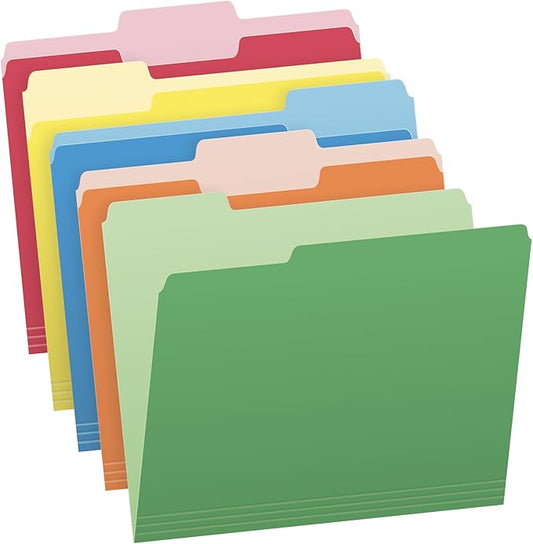 Pendaflex Colored File Folders, 100 Pack, Letter Size (8.5" x 11"), 3 Tabs, Durable Paper, 5 Colors: Blue, Green, Red, Yellow, Orange, Color-Coding for School, Office & Home Document Organization