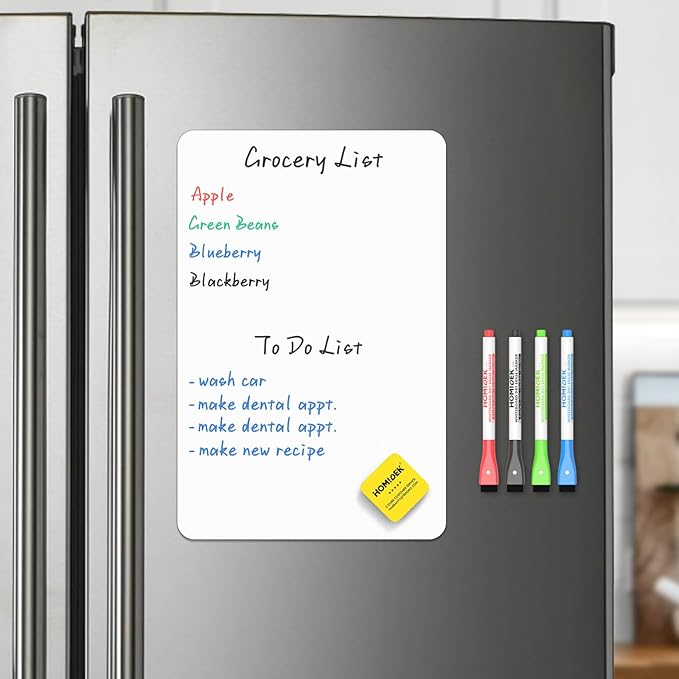 HOMiDEK Magnetic Whiteboard for Fridge, Small Refrigerator Magnet Dry Erase Board with 4 Markers & 1 Eraser, Reusable Blank White Board Sheet for Home, Office, School, Classroom Supplies - 8.5 x 14