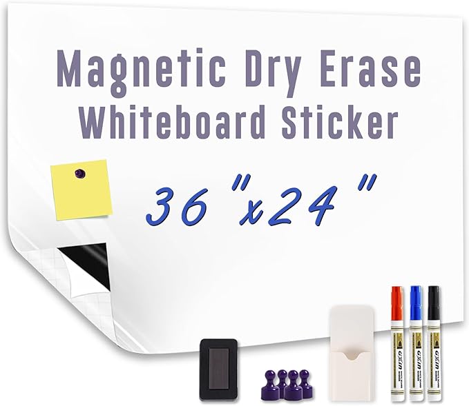 Magnetic Dry Erase Board Paper 36" x 24" Adhesive Backing White Board Sticker for Wall Peel and Stick Whiteboard Contact Paper for Office Home Include Starter Kit