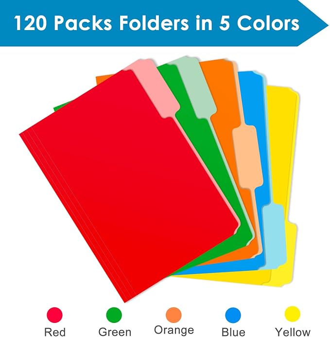 WEMEMORN 120-Pack Assorted Color File Folders, 8.5 x 11 Inch, 1/3 Cut Tab, Letter Size, Blue, Red, Green, Yellow, Orange