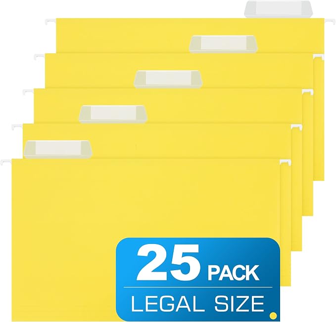 Legal Size Hanging File Folders,25 Packs Legal Hanging File Folders,Yellow Legal Size Hanging Folders,9.2'' × 14.8'',Hanging Folders for Filing Cabinet,1/5 Adjustable Tabs for Office,School,Home