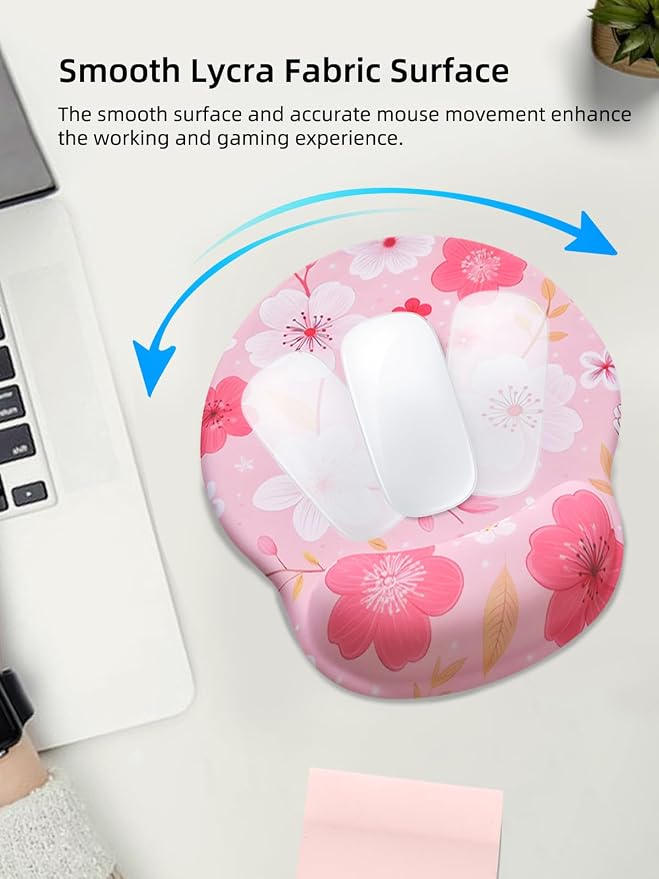 Lily Floral Mouse Pad Wrist Support Wrist Rest, Flower Ergonomic Mouse Pad with Non-Slip Base for Office Gaming Working Computers,Desk Accessories Pain Relief Mouse Mat, Pink Cherry Blossom