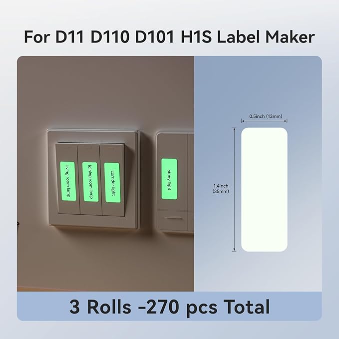 NIIMBOT D11 Label Maker Tape D110 Labels 3Rolls, Self-Adhesive Labeling Tape Replacement 0.5" X 1.38" (13 X 35mm) Thermal Label Refills for Home Office, 90 Labels/Roll, Luminous