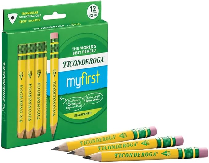 Ticonderoga My First Half-Size Wooden Pencils, Large Triangle-Barrel Pre-Sharpened #2 (HB) Short 4.5" Yellow Pencils with Erasers, Yellow, 12/Pack, Case of 72 Packs