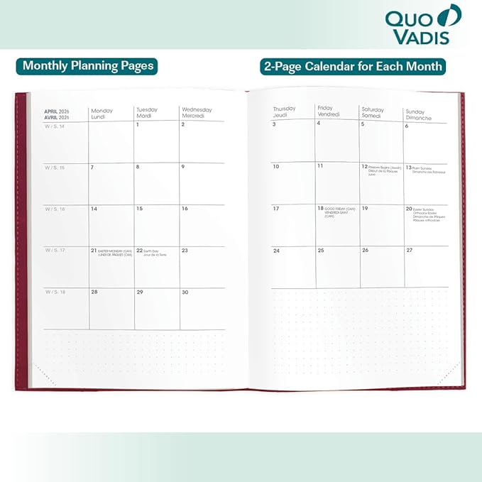 Quo Vadis 2026 Note - Bi-Lingual (EN/FR) - Weekly/Monthly Planner - 16 Months, Sept. 2024 to Dec. 2026 - 6" x 8 1/4" - Smooth Faux Suede Texas Black Cover - A Modern Design for Journaling and Detailed Planning