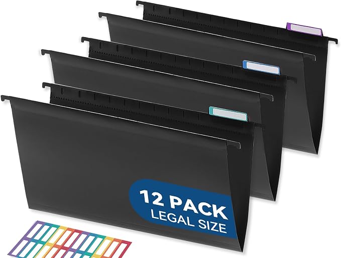 SortRax Plastic Legal Size Hanging File Folders, 12 Pack Black Hanging Folders, with Insertable 1/5-Cut Tabs for Filing Cabinets