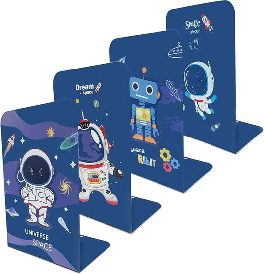 8-Piece Metal Bookends for Kids - Non-Skid Heavy Duty Astronaut Design (5.3 x 4 x 7.5 inches)