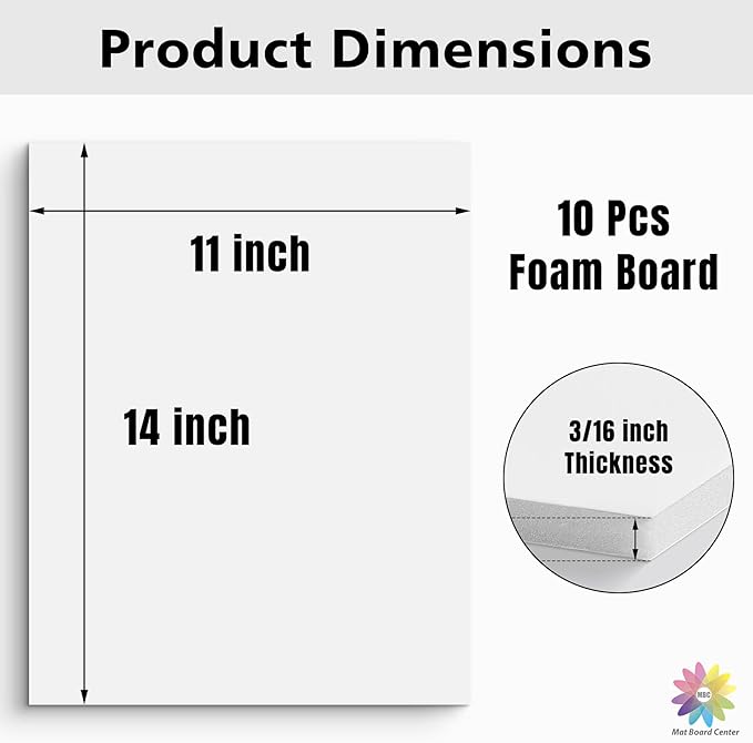 Mat Board Center Premium White Foam Core Board - 11x14 Inches, 3/16" Thick - 10 Pack, Acid-Free - Ideal for Mounting, Crafts, Art, and Presentations