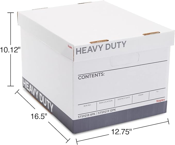 Staples Storage & Filing Box, Heavy-Duty with Handles & Removable Lid, Letter & Legal Size Documents, Stackable, 12-Pack, White/Gray