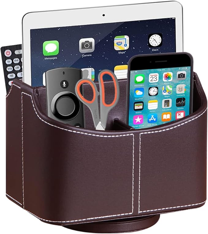 PU Leather Remote Control Holder, 360 Degree Spinning Desk TV Remote Caddy, Desk Organizers and Accessories, for Controller, Media, Mail, Calculator, Mobile Phone, Pen Storage Holder, Brown