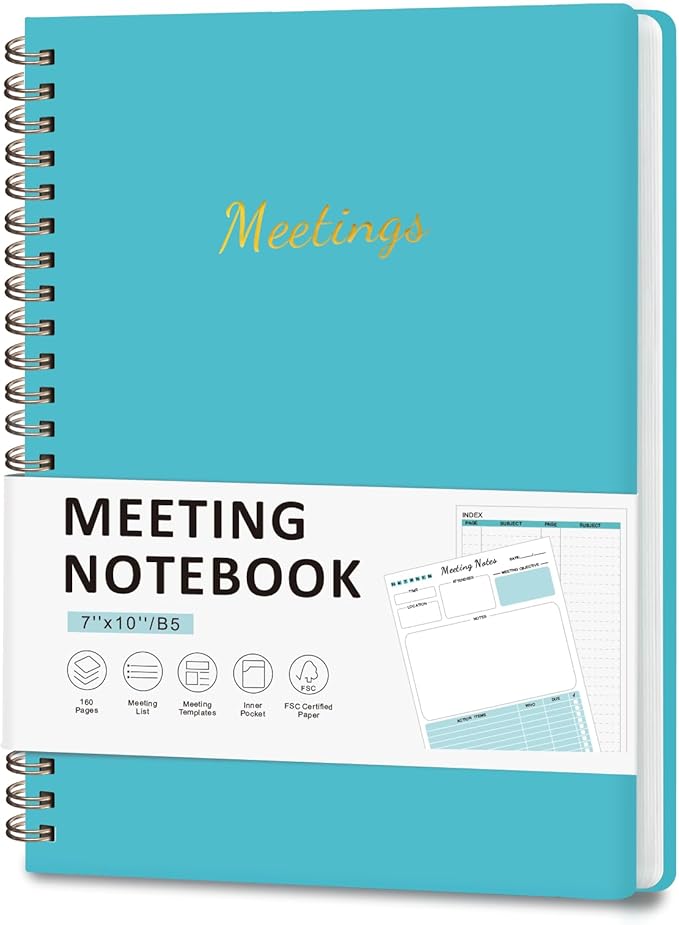 Meeting Notebook for Work Organization, Work Planner Notebook with Action Items, Project Agenda Planner for Note Taking, 160 Pages (6.9" X 9.9"), Perfect Office School Business Supplies for Women & Men(Blue)
