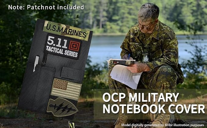 OCP Military Book Cover, Tactical Notebook Cover for 5.5”X 8” Journal Notebook Cover, OCP Green Book Cover, Field Notes Ring Binder (Black, 5.5”X 8”)