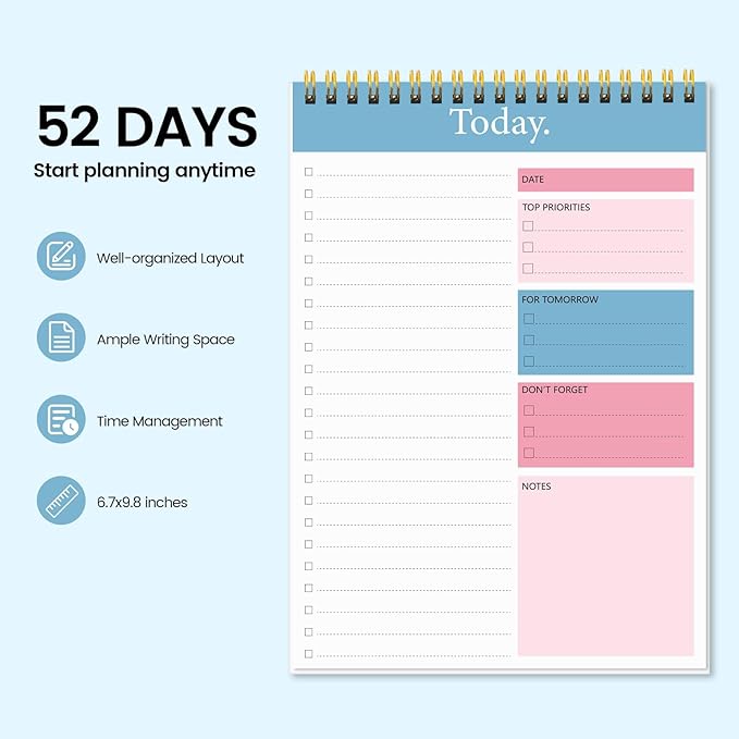 KMQOY To Do List Notepad - 2 Pack Daily Planner Pad Undated 52 Sheets Spiral Today Planner Note Pad Premium Thick Paper 6.5" x 9.8" For Work and Personal Organized- Pink & Blue