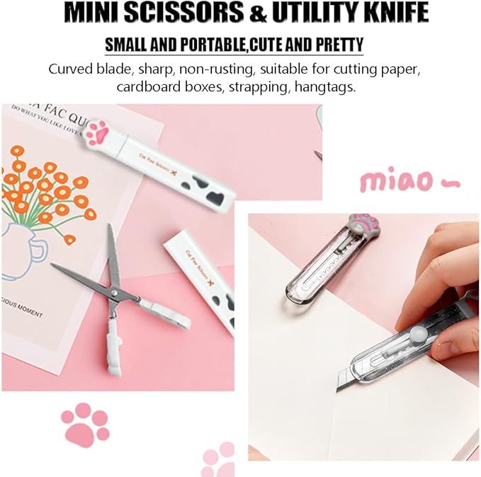 Cute School Supplies,Stationary Gift Set, Japanese Stationery Birthday GIFS, Includes Pencil Sharpener,Eraser, Correction Tape, Ruler, Mini Scissors,Utility Knife, for Office School Supplies (White)