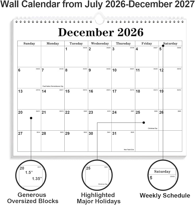 Calendar 2026-27 - Calendar 2026-2027 from June 2026 to December 2027, Spiral Binding Hanging Wall Calendar 2026 for Home/Office, 8.5" x 11", Black