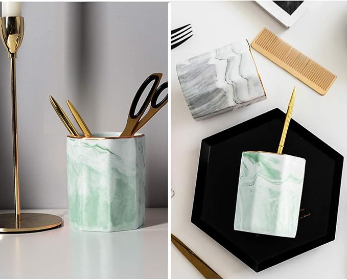 Pencil Holder, Pencil Cup for Desk, Makeup Brush Holder Cup, Cute Pencil Stand Marble Decorative for Kids Durable Ceramic Desk Organizer for Office, Classroom, Home, Green Marble