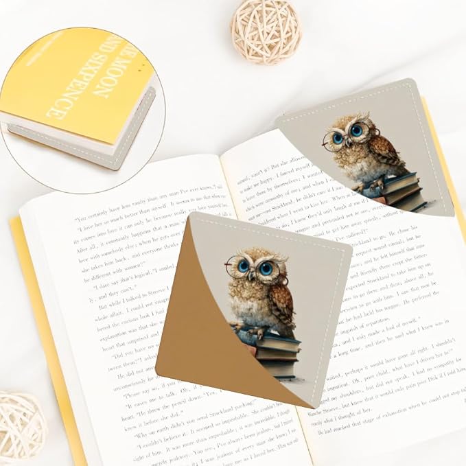 2PCS PU Leather Bookmarks 3.5x3.5 Inch Owl Glasses Book Design | PU leather bookmarks with owl glasses book design for novels, notebooks, class notes, students, teachers and book lovers