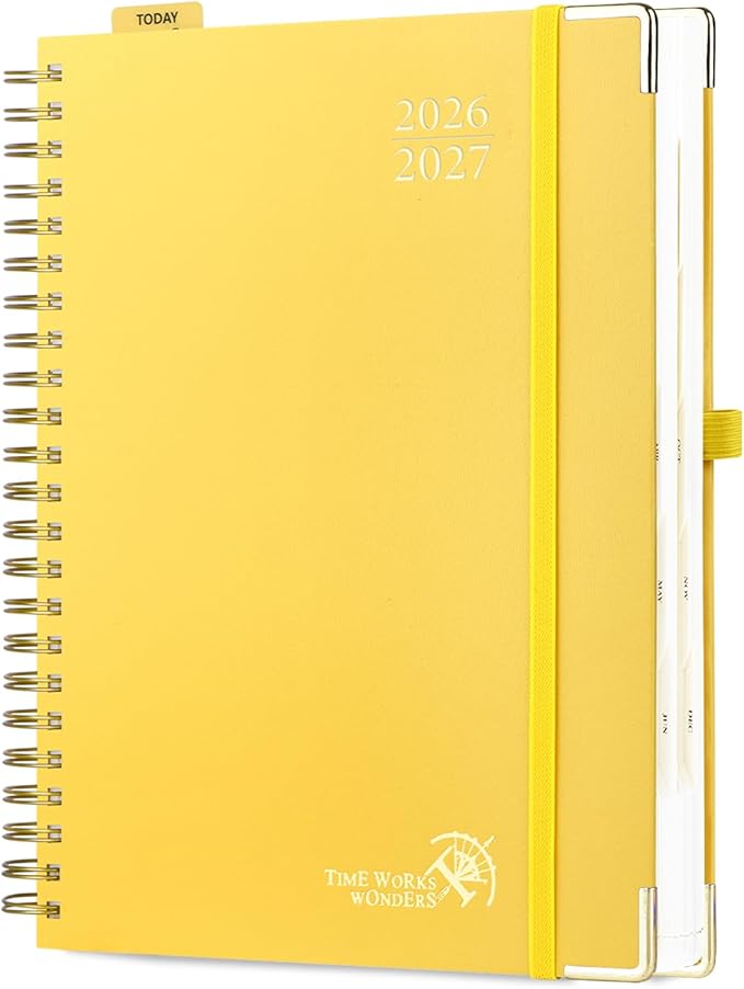 POPRUN 2026-2027 Daily Planner One Page Per Day, Large Size 8.5" x 12", Daily Calendar Book with July 2026 to June 2027, Academic Hardcover Appointment Book with Hourly Time Slots, Spiral Bound, Monthly Tabs - Light Yellow