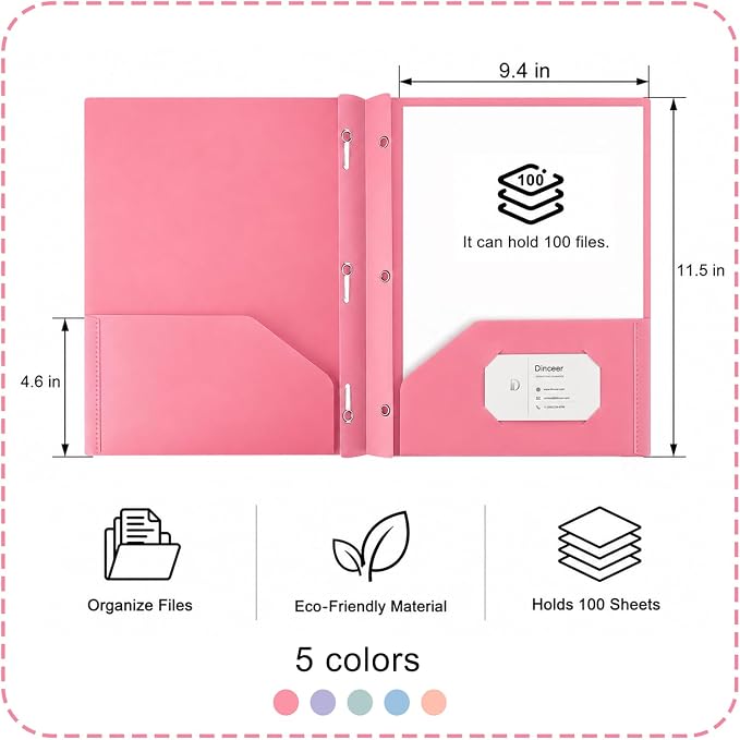 Plastic Pocket Folders with Prongs, Heavy Duty 2 Pocket Poly Folder Set, Bright Assorted Colors, Letter Size 8.5 x 11, Metal Fasteners, Business Card Slot (5, Morandi)