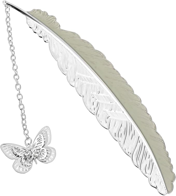 Jeffdad Feather Metal Bookmark with 3D Butterfly Pendant, Glow in The Dark Butterfly Bookmark, Fantasy Bookmark Gifts for Women Girls, Cool Bookmarks for Book Reading Lovers(Silver Butterfly)