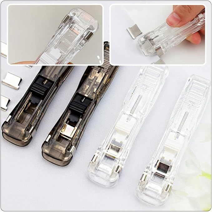 FUOYLOO No-Trace Portable Stapler Set with 2 Staplers and 200 Reusable Binder Clips for Office Paper Binding and Document Organization Random Style