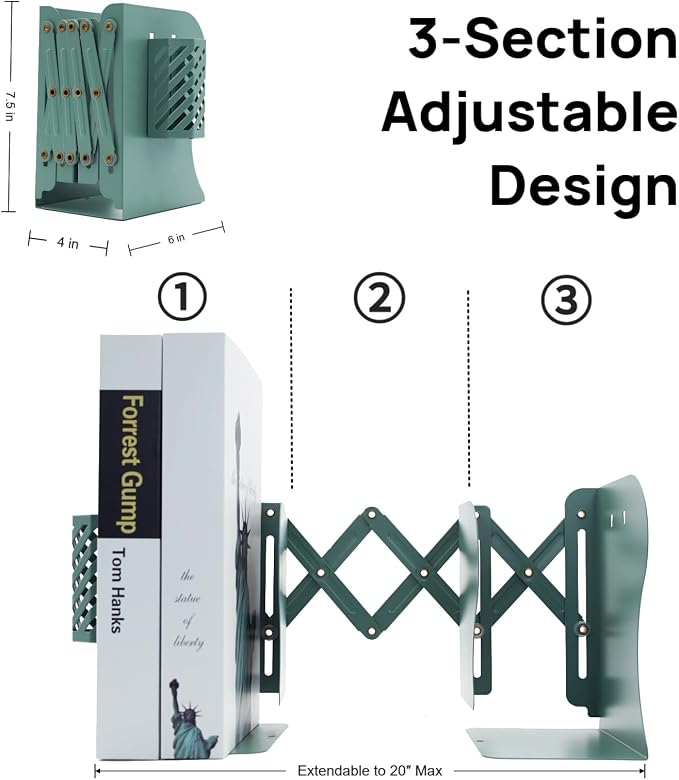 Adjustable Book Ends for Heavy Books, Metal Expandable Bookends for Shelves, Book Organizer Stopper Holder for Desk, Kids Room, Classroom, Office, Library (Green)