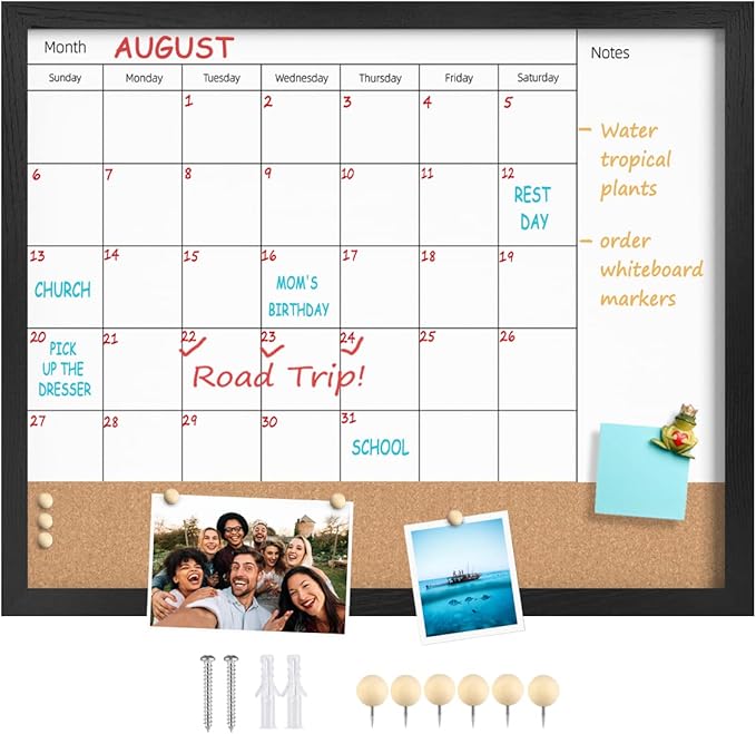 Dry Erase Calendar Whiteboard for Wall, 17.7" x 21.6" Combination Magnetic Dry Erase White Board & Bulletin Board, Black Frame Calendar/Cork Combo Board(BK-4555-B)