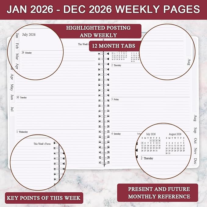 2026 Planner - Planner 2026 from January 2026 - December 2026, Monthly and Weekly Calender with 12 Tabs, 8.5" x 11", Pink Watercolor