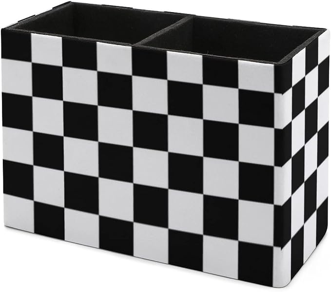Black and white checkered pen holder storage box, with two compartments, PU leather desktop for storing pens and cups, small items organizer