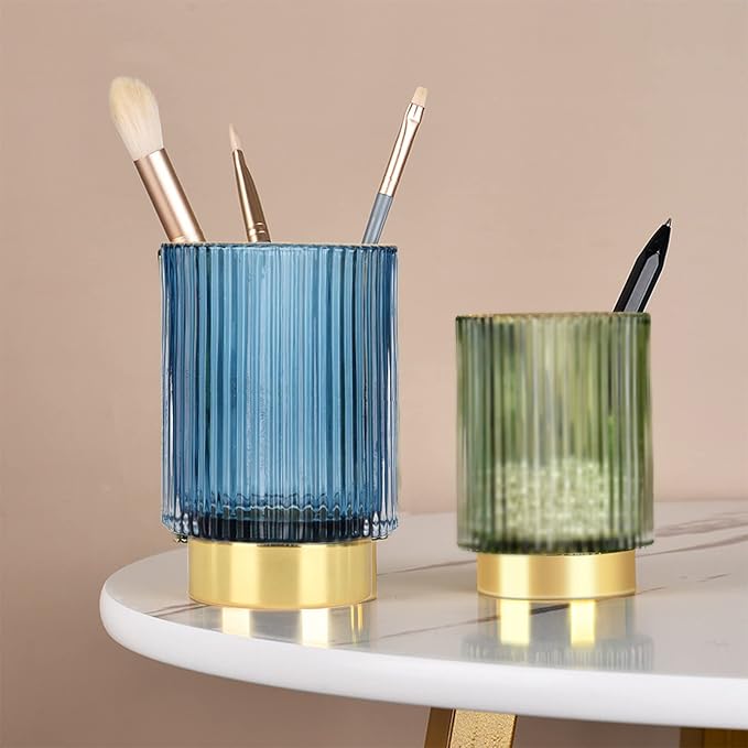 Thick Glass Pen Pot Cute Decorative Pencil Holder Cup for Desk Makeup Brush Holder for Home Office (Blue)