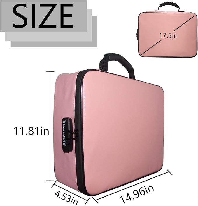 Yuanshikj Portable Fireproof Waterproof Document Organizer with Lock,Pink | 3 digit Code,15.1"x11.2"x4.3",Heat Insulated Fire＆Water-Resistant Box 13 Layers File, Home Travel Safe Storage for Important