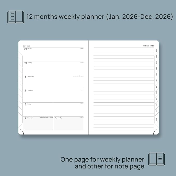 POPRUN Weekly Planner 2026 (Medium 6.5" x 8.5") Calendar 12 Months Notebook with Horizontal Layout, Leather Soft Cover, Monthly Tabs, Inner Pocket, 100GSM Thick Paper, Pen Holder - Royal Blue