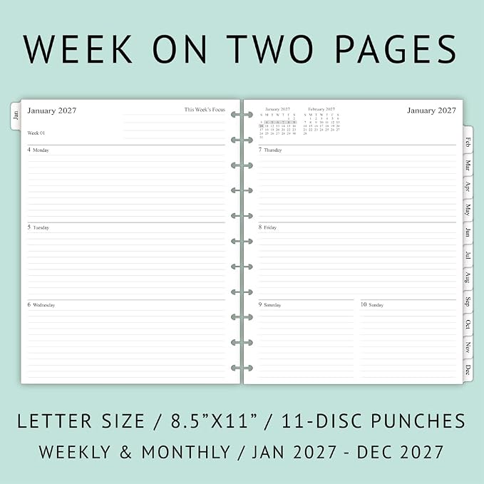 2027 Weekly Planner Refills for 11-Discbound Notebooks, Monthly Tabs, 11-Disc Punches, Letter Size, 8-1/2" x 11"