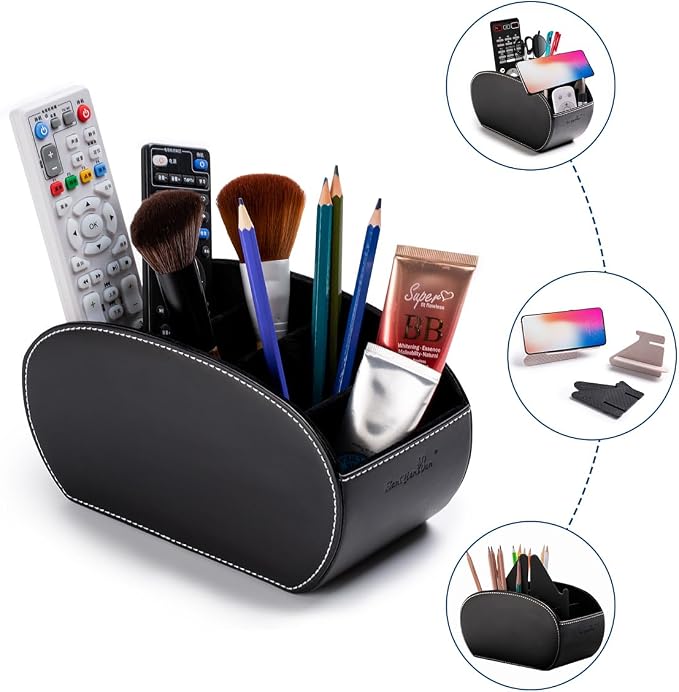 BONNY DODO PU Leather Multi-Functional Office Organizar Box Remote Control Holder Desk Storage Suppliers Caddy Table with 5 Compartment Store TV Remote, Brush, Pencil, Glasses, Media Player (Black)
