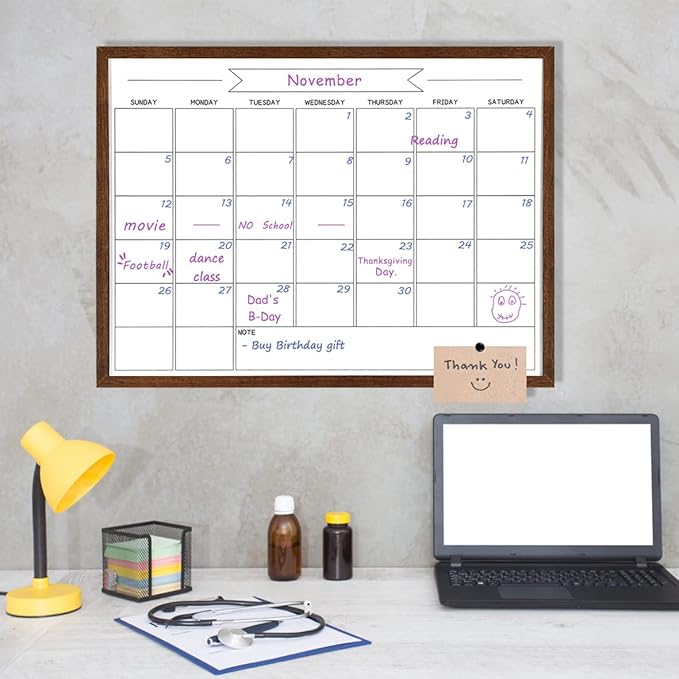 Dry Erase Monthly Calendar Whiteboard, Magnetic White Board for Wall, Solid Pine Wood Walnut Brown Frame Hanging Board for Office/School/Home，17.7"x 23.6"(YL-WB-4560-B)