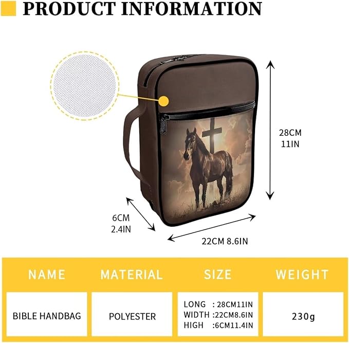 Suobstales Cross Horse Print Bible Covers for Women Men Bible Case Bible Bag Bible Accessories with Handle and Zippered Pocket Bible Tote Bag for Women Men