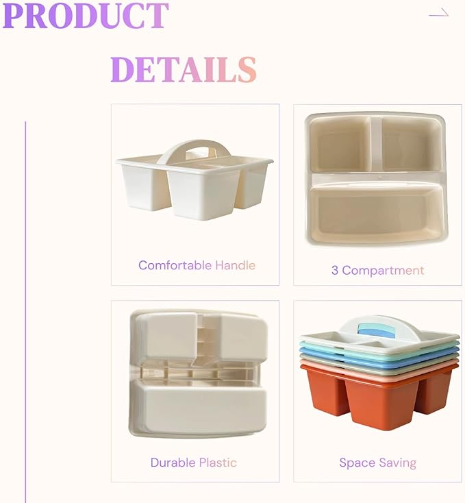 RAUVOLFIA Set of 6 Classroom Caddy, Small Plastic Storage Caddy with Handle for Classrooms, Kids Room and Office Organization, 3 Compartment (Boho)