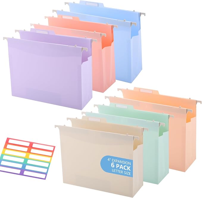 Plastic Extra Capacity Hanging File Folder Folders, 4" Expansion Hanging Organizer Designed for Bulky Files,Letter Size, Retractable Hooks,Movable Dividers, Insertable Tabs, 6 Pack