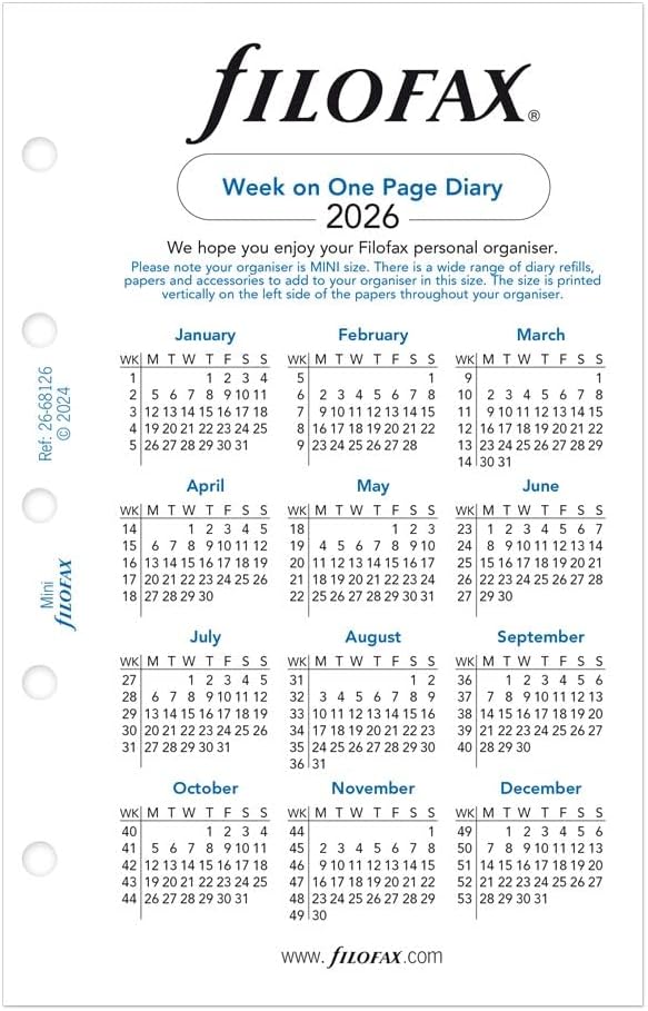 Filofax Calendar Diary Refill, Mini Size, Week on One Page, White Paper, Unruled, English, 2026 (C68126-26)