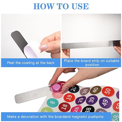 Frameless Magnetic Stainless Iron Board Strips, Adhesive Backing Bulletin Bar Board with 10 Pieces Colorful Magnet, Memo Strip for Office Home 4Pcs